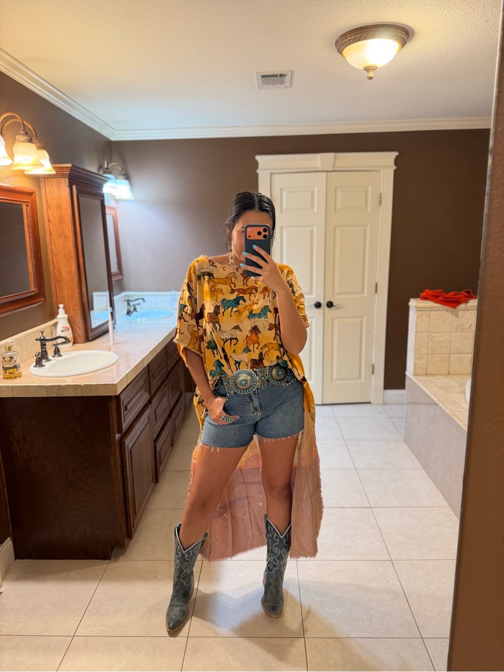 Mustard Yellow Horse-Print High-Low Tunic Top
